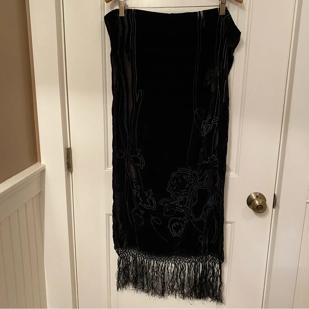 SCARF BLACK VELOUR BURN OUT FLORAL SILVER DOT ACCENT LONG FRINGE ENDS RECTANGLE